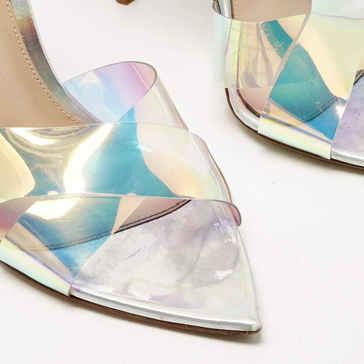 Pre Owned Gianvito Rossi Multicolor Iridescent Leather and PVC Plexi Stark Sandals Size 38