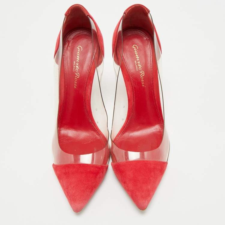 Pre Owned Gianvito Rossi Red Suede and PVC Plexi Pumps Size 36.5