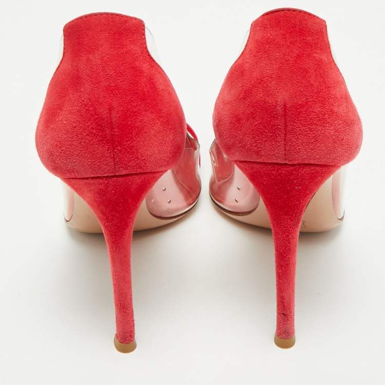 Pre Owned Gianvito Rossi Red Suede and PVC Plexi Pumps Size 36.5