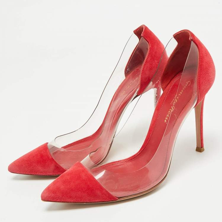 Pre Owned Gianvito Rossi Red Suede and PVC Plexi Pumps Size 36.5