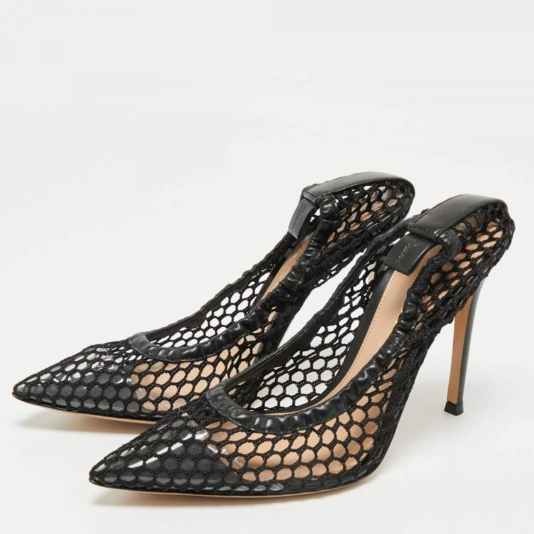 Pre Owned Gianvito Rossi Black Leather and Net Alisia Pumps Size 38.5