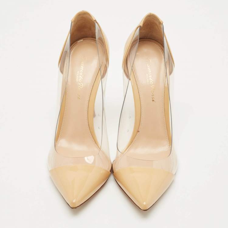 Pre Owned Gianvito Rossi Beige/Transparent Patent Leather and PVC Plexi Pointed Toe Pumps Size 37