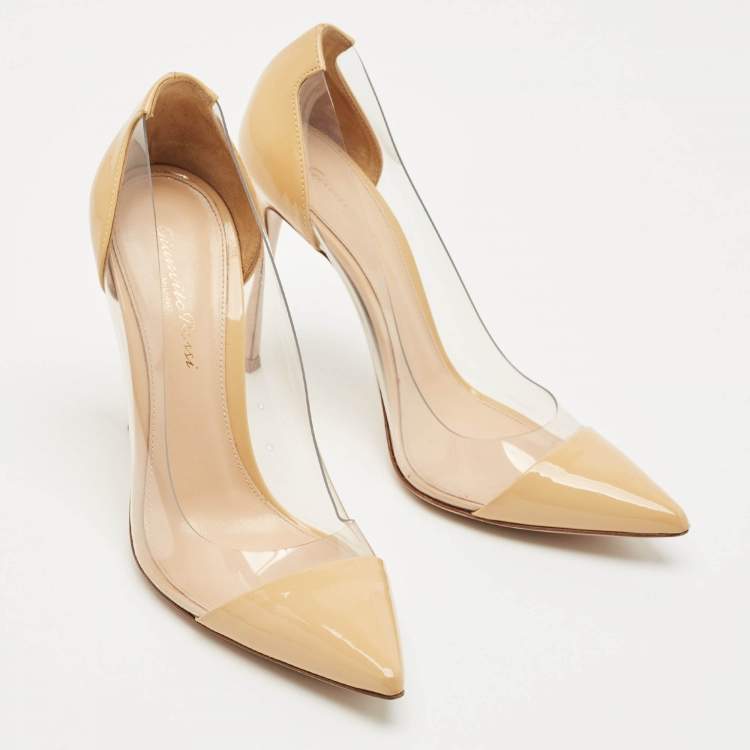 Pre Owned Gianvito Rossi Beige/Transparent Patent Leather and PVC Plexi Pointed Toe Pumps Size 37