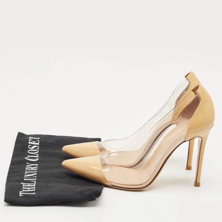 Pre Owned Gianvito Rossi Beige/Transparent Patent Leather and PVC Plexi Pointed Toe Pumps Size 37