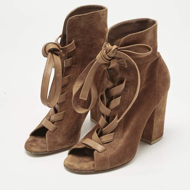 Pre Owned Gianvito Rossi Brown Suede Ankle Length Boots Size 37.5
