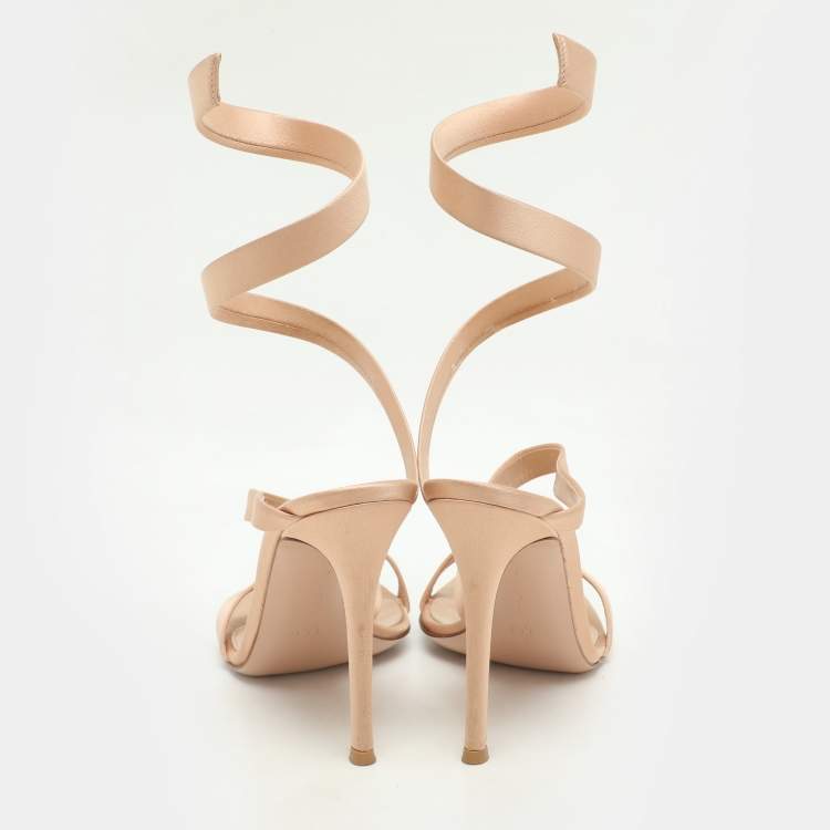 Pre Owned Gianvito Rossi Beige Satin Opera Twirl Ankle Wrap Sandals Size 38.5