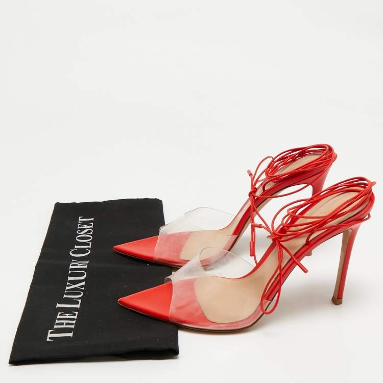Pre Owned Gianvito Rossi Red/Transparent Leather and PVC Skye Ankle Tie Sandals Size 39.5