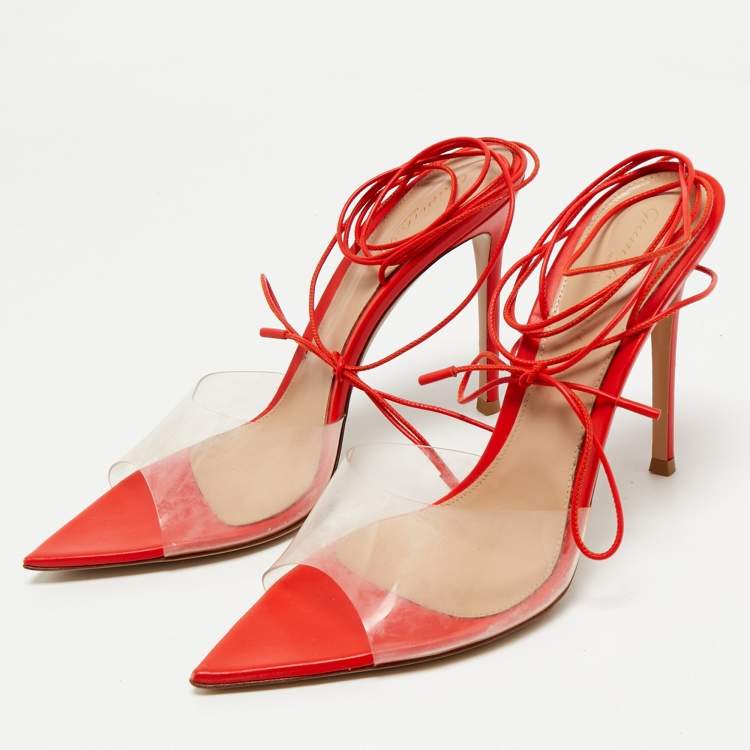 Pre Owned Gianvito Rossi Red/Transparent Leather and PVC Skye Ankle Tie Sandals Size 39.5