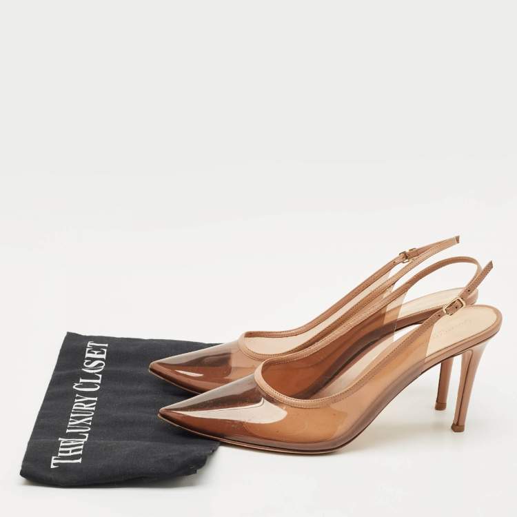 Pre Owned Gianvito Rossi Brown Leather and PVC Kyle Pointed Toe Slingback Pumps Size 41.5