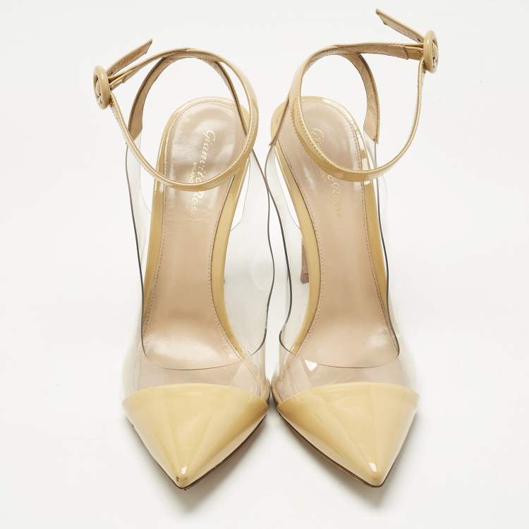 Pre Owned Gianvito Rossi Beige/Transparent Leather And PVC Anise Pointed Toe Ankle Strap Sandals Size 39