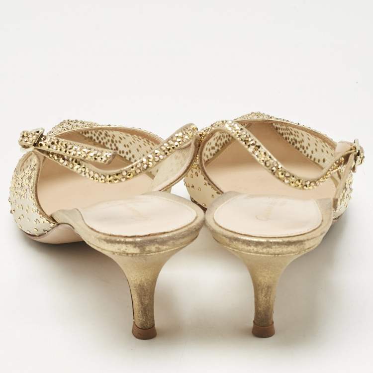 Pre Owned Gianvito Rossi Gold Mesh Regina Crystals Slingback Pumps Size 37