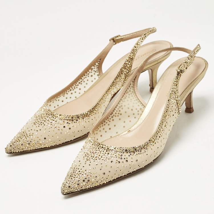 Pre Owned Gianvito Rossi Gold Mesh Regina Crystals Slingback Pumps Size 37