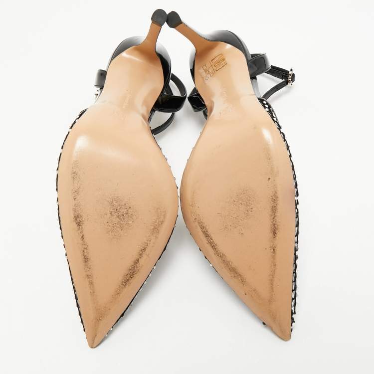 Pre Owned  Gianvito Rossi Black Mesh and PVC Crystal Embellished Pointed Toe  Ankle Strap Pumps Size 39