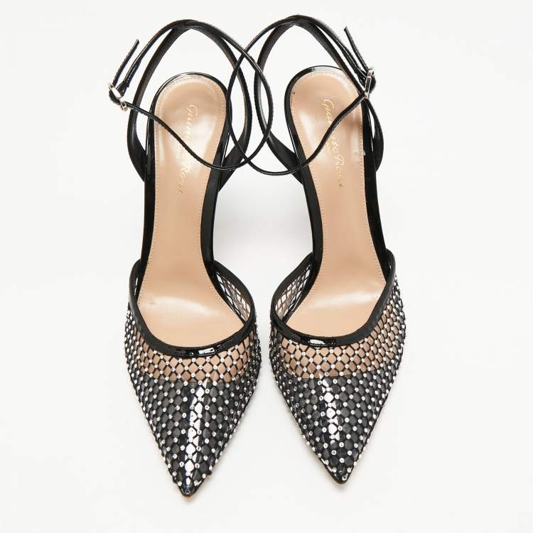 Pre Owned  Gianvito Rossi Black Mesh and PVC Crystal Embellished Pointed Toe  Ankle Strap Pumps Size 39