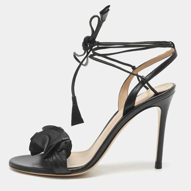 Pre Owned Gianvito Rossi Black Leather Ruffle Detail Ankle Wrap Sandals Size 36.5
