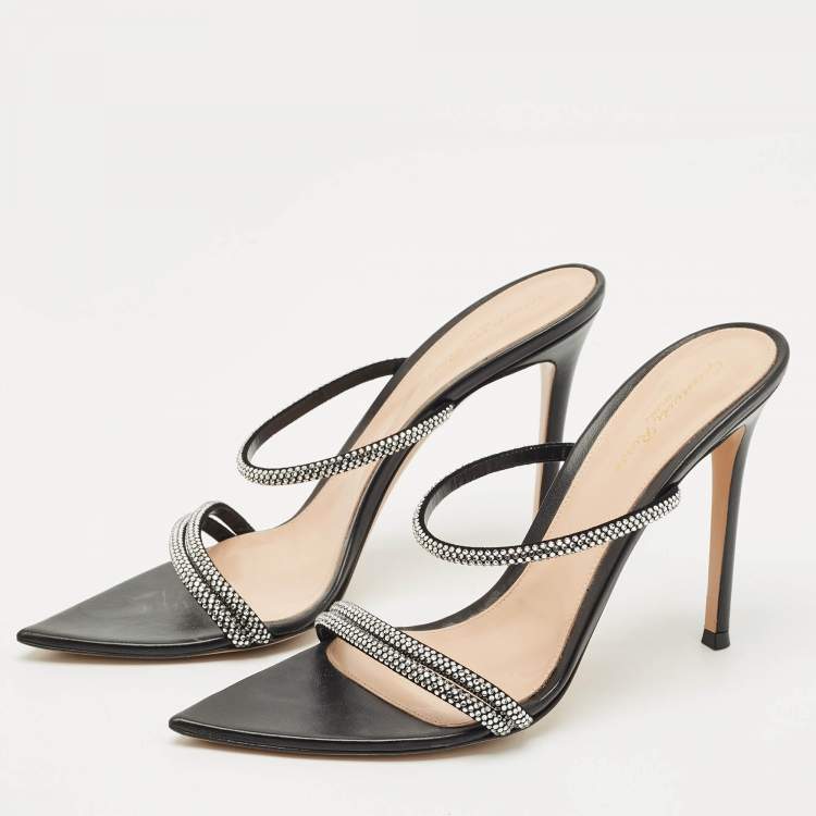 Pre Owned Gianvito Rossi Black Leather Crystal Embellished Cannes Slide Sandals Size 41