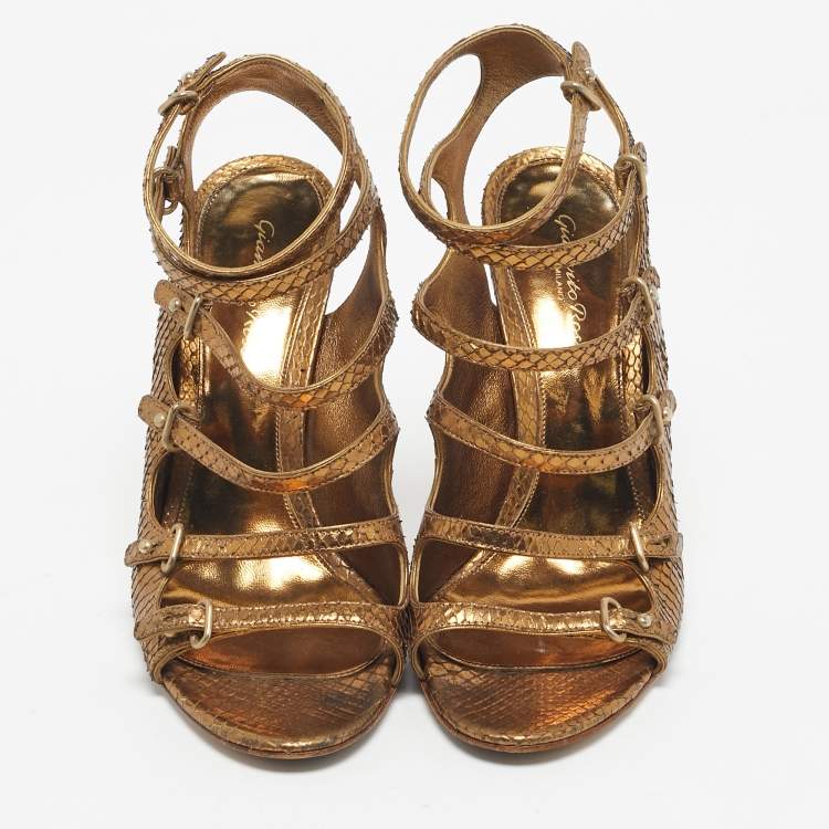 Pre Owned Gianvito Rossi Gold Snakeskin Strappy Sandals Size 39.5
