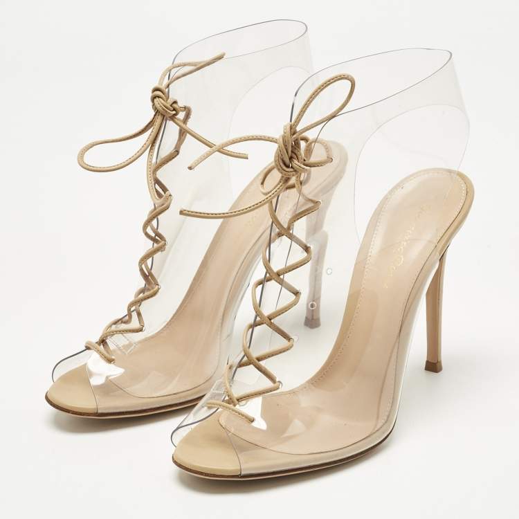 Pre Owned Gianvito Rossi Beige PVC And Leather Helmut Lace Up Boots Size 39