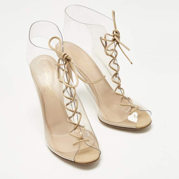 Pre Owned Gianvito Rossi Beige PVC And Leather Helmut Lace Up Boots Size 39