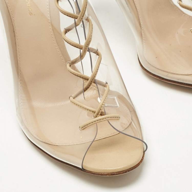 Pre Owned Gianvito Rossi Beige PVC And Leather Helmut Lace Up Boots Size 39