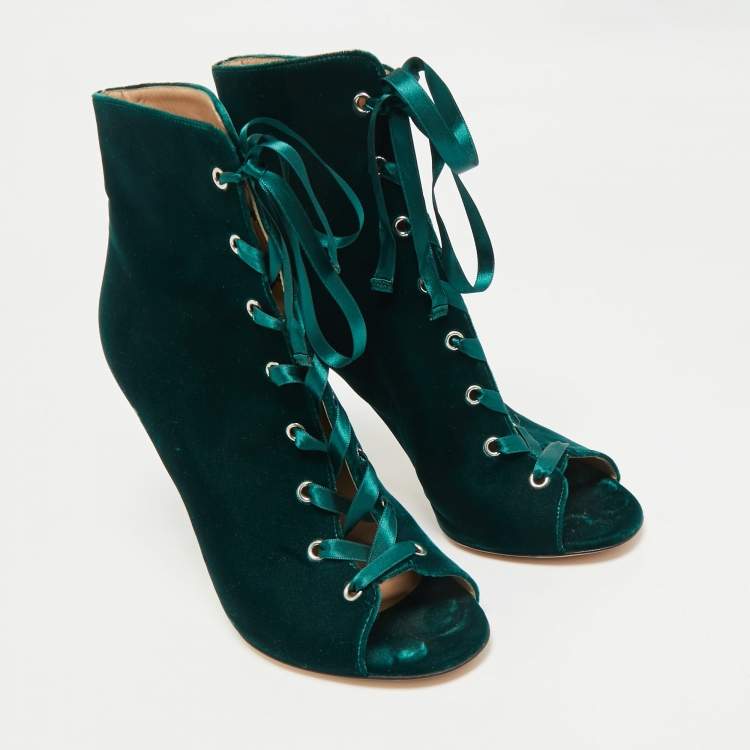 Pre Owned Gianvito Rossi Green Velvet Miral Open Toe Ankle Boots Size 41