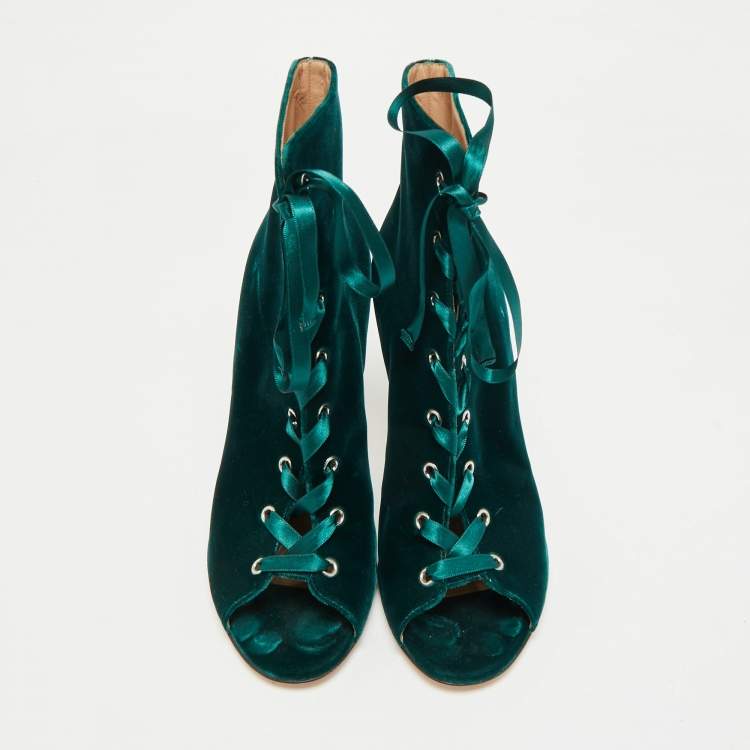 Pre Owned Gianvito Rossi Green Velvet Miral Open Toe Ankle Boots Size 41