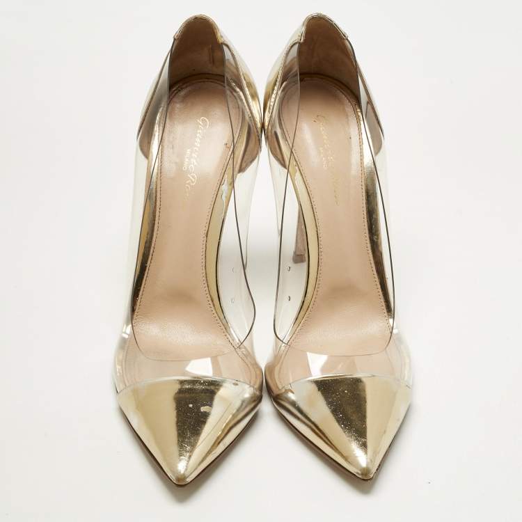 Pre Owned Gianvito Rossi Gold/Transparent Patent Leather and PVC Plexi Pumps Size 41