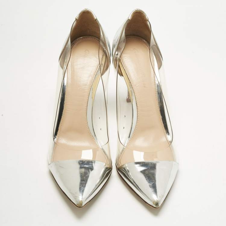 Pre Owned Gianvito Rossi Silver/Transparent  Leather and PVC Plexi Pumps Size 38.5