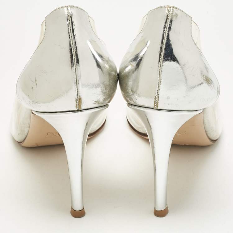 Pre Owned Gianvito Rossi Silver/Transparent  Leather and PVC Plexi Pumps Size 38.5