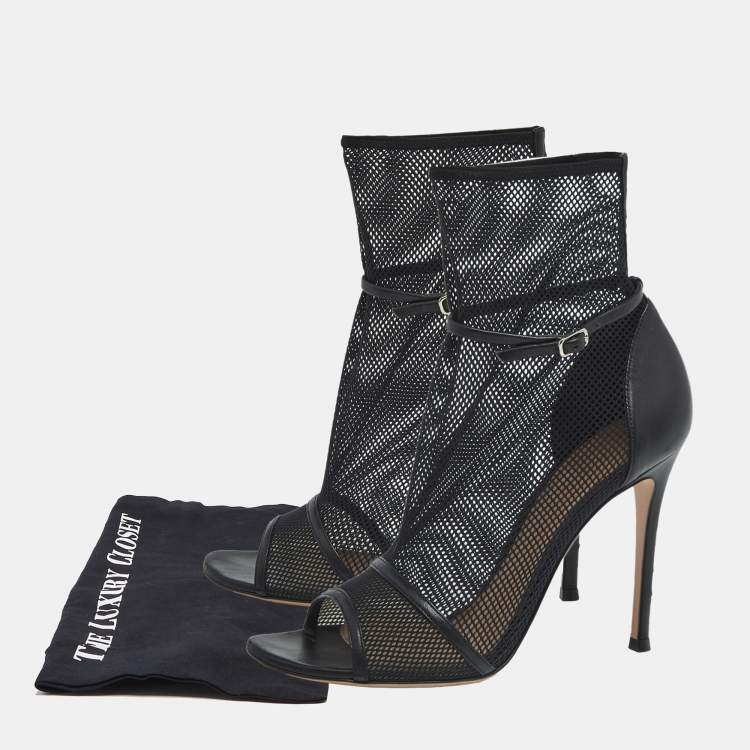 Pre Owned Gianvito Rossi Black Leather and Mesh Idol Ankle Length Boots Size 38.5