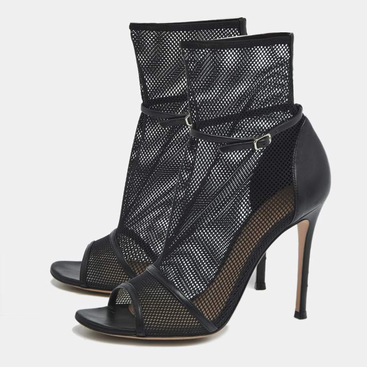 Pre Owned Gianvito Rossi Black Leather and Mesh Idol Ankle Length Boots Size 38.5