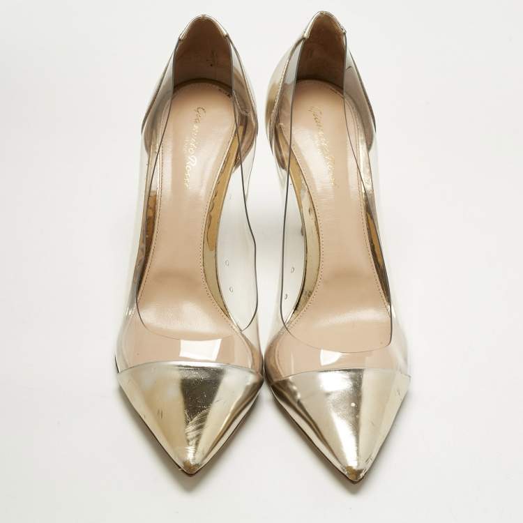 Pre Owned Gianvito Rossi Gold/Transparent  Leather and PVC Plexi Pointed Toe Pumps Size 41