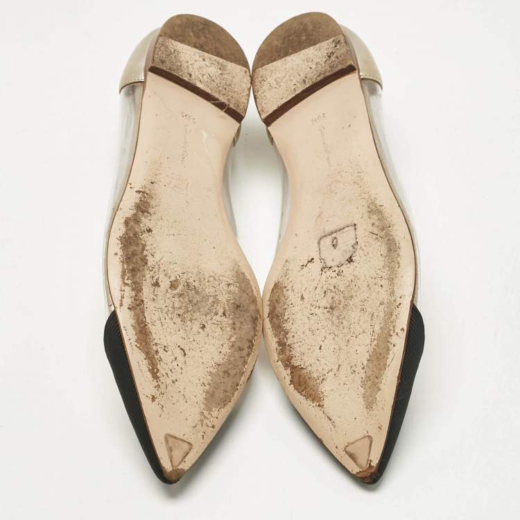Pre Owned Gianvito Rossi Gold/Black Leather and PVC Plexi Ballet Flats Size 38.5