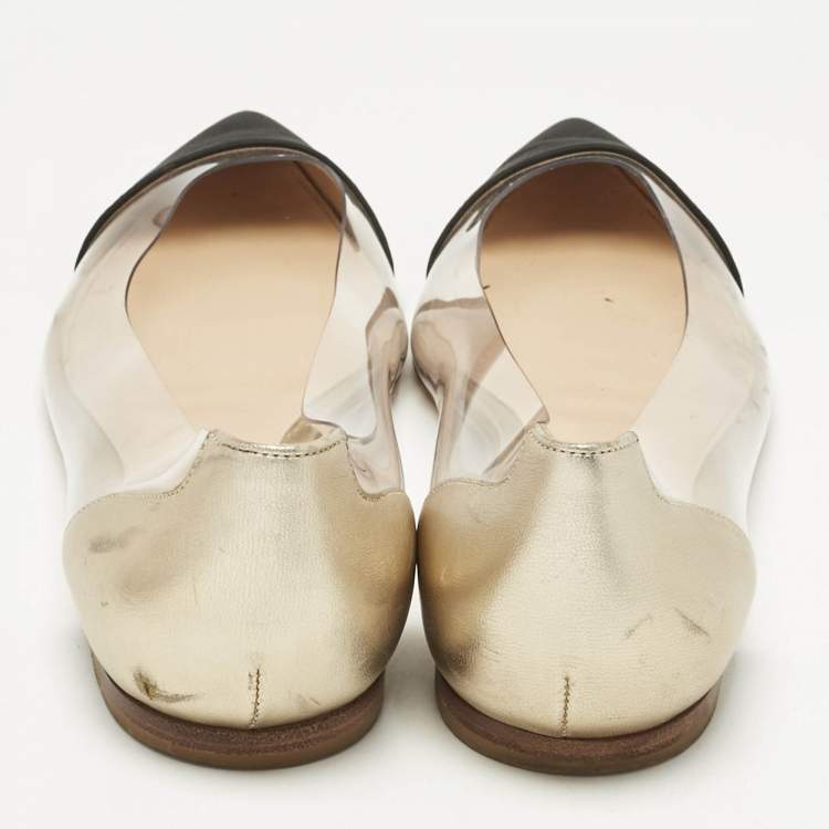 Pre Owned Gianvito Rossi Gold/Black Leather and PVC Plexi Ballet Flats Size 38.5