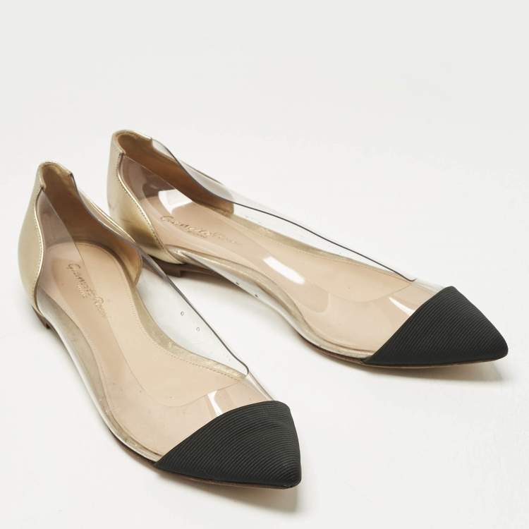 Pre Owned Gianvito Rossi Gold/Black Leather and PVC Plexi Ballet Flats Size 38.5