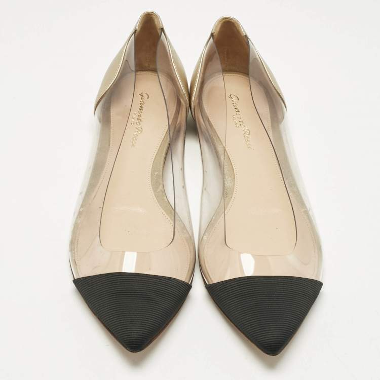 Pre Owned Gianvito Rossi Gold/Black Leather and PVC Plexi Ballet Flats Size 38.5