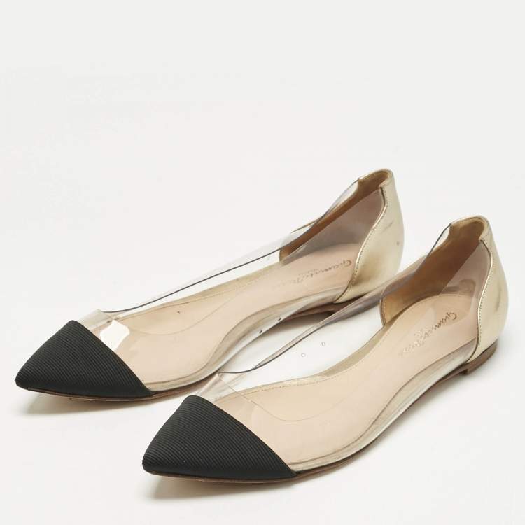 Pre Owned Gianvito Rossi Gold/Black Leather and PVC Plexi Ballet Flats Size 38.5