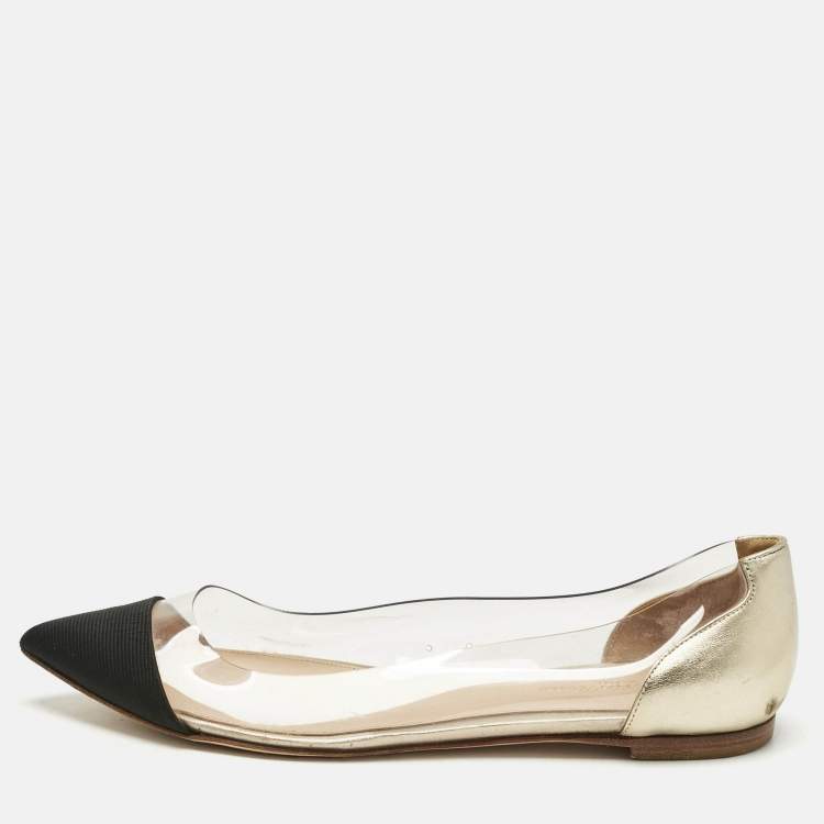 Pre Owned Gianvito Rossi Gold/Black Leather and PVC Plexi Ballet Flats Size 38.5