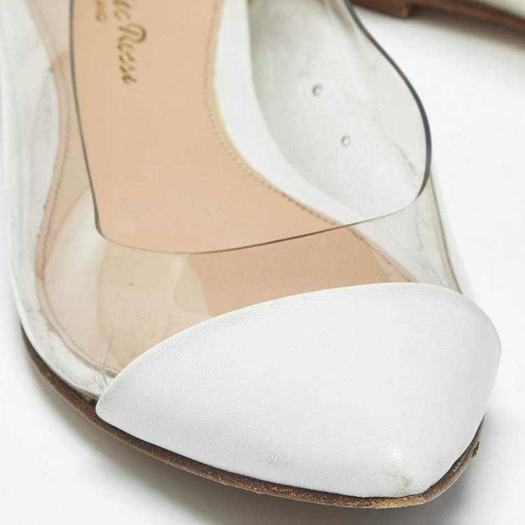 Pre Owned Gianvito Rossi White/Transparent Leather And PVC Plexi Pointed Toe Ballet Flats Size 35