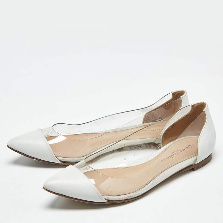 Pre Owned Gianvito Rossi White/Transparent Leather And PVC Plexi Pointed Toe Ballet Flats Size 35