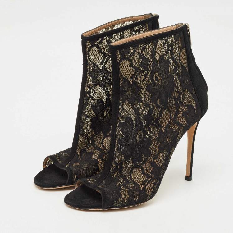Pre Owned Gianvito Rossi Black Lace and Mesh Ankle Length Boots Size 39