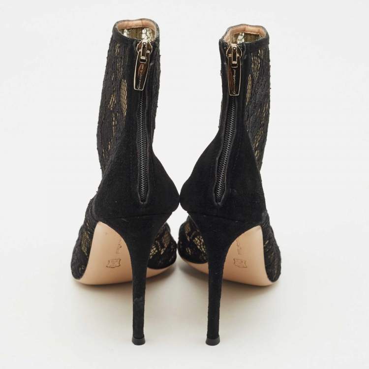 Pre Owned Gianvito Rossi Black Lace and Mesh Ankle Length Boots Size 39