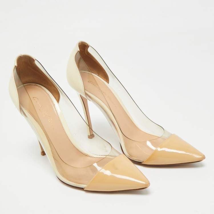 Pre Owned Gianvito Rossi Beige/Transparent Patent Leather and PVC Plexi Pointed Toe Pumps Size 36