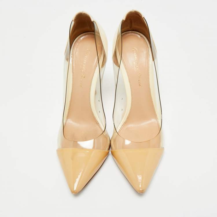 Pre Owned Gianvito Rossi Beige/Transparent Patent Leather and PVC Plexi Pointed Toe Pumps Size 36