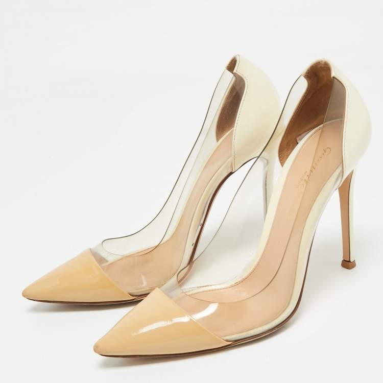 Pre Owned Gianvito Rossi Beige/Transparent Patent Leather and PVC Plexi Pointed Toe Pumps Size 36