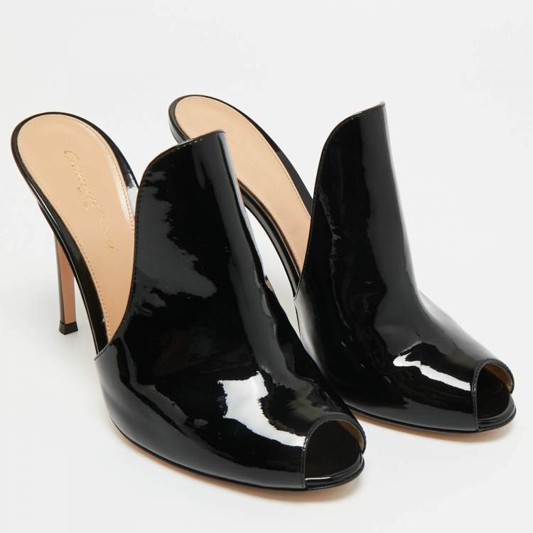 Pre Owned Gianvito Rossi Black Patent Leather Peep Toe Slide Sandals Size 40