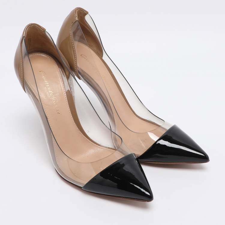 Pre Owned Gianvito Rossi Nude/Black Patent Leather And PVC Plexi Pointed Toe Pumps Size 35