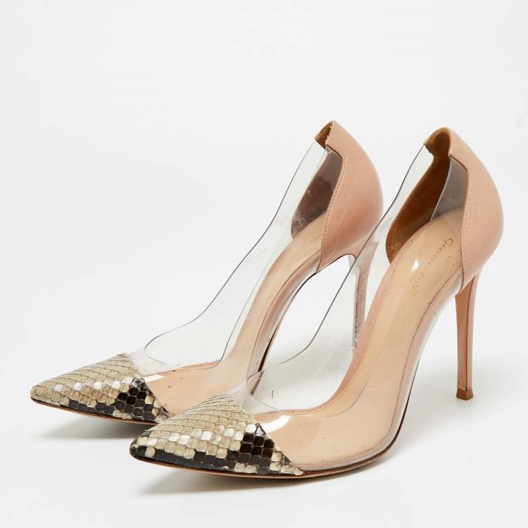 Pre Owned Gianvito Rossi Transparent/Beige PVC and Python Leather Plexi Pumps Size 39.5
