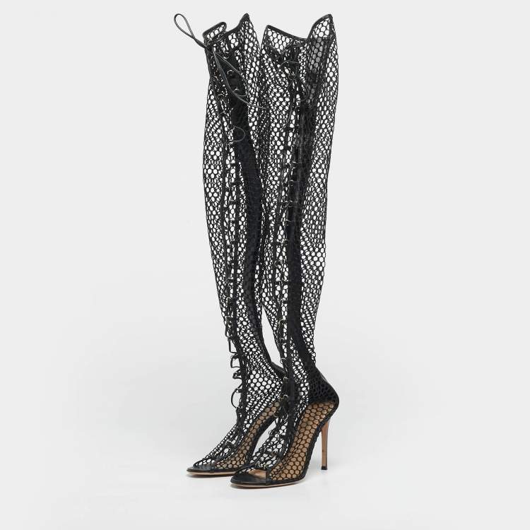 Pre Owned Gianvito Rossi Black Leather and Mesh Over The Knee Boots Size 38