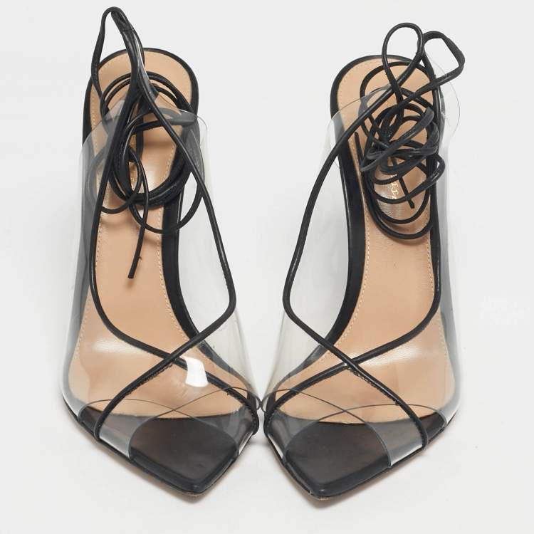 Pre Owned Gianvito Rossi Transparent/Black Leather and PVC Plexi Ankle Wrap Sandals Size 39